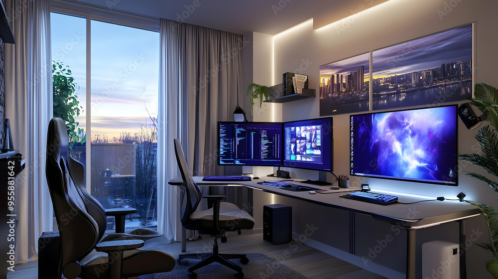 Modern Home Office Setup with Desk, Monitors, and Cityscape Artwork - 3D Illustration Modern Home Office Setup with Desk, Monitors, and Cityscape Artwork - 3D Illustration