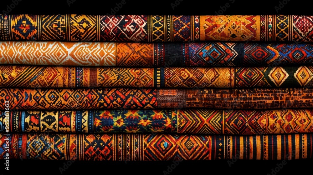 Colorful Ethnic Patterned Fabric Rolls Stacked Close Up Colorful Ethnic Patterned Fabric Rolls Stacked Close Up