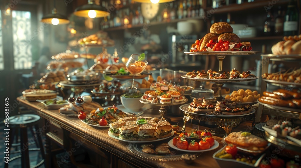 Abundant Buffet Table with Appetizers and Sandwiches Abundant Buffet Table with Appetizers and Sandwiches
