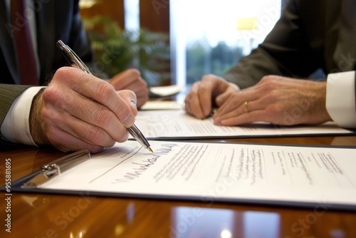 A seasoned business leader negotiating a major deal across a conference table. Contract papers and pens ready for signing