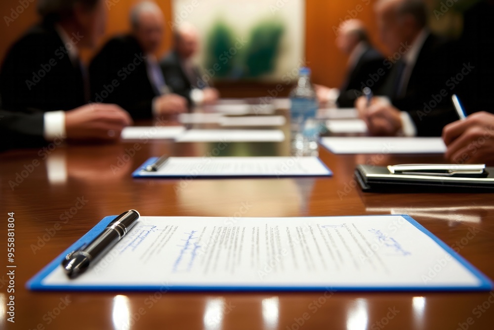 A seasoned business leader negotiating a major deal across a conference table. Contract papers and pens ready for signing A seasoned business leader negotiating a major deal across a conference table. Contract papers and pens ready for signing