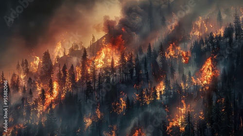 A dense forest is engulfed in flames, with smoke billowing into the night sky.