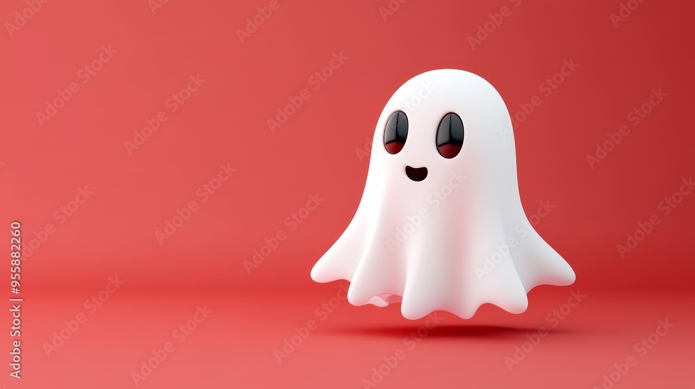 A friendly and adorable 3D white ghost with big black eyes and a cheerful smile hovers against a solid red background, symbolizing the playful and fun spirit of Halloween, innocence, and the supernatu A friendly and adorable 3D white ghost with big black eyes and a cheerful smile hovers against a solid red background, symbolizing the playful and fun spirit of Halloween, innocence, and the supernatu