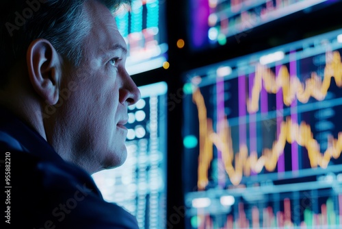 An executive reviewing stock market trends on multiple monitors. A calm expression as they assess the situation