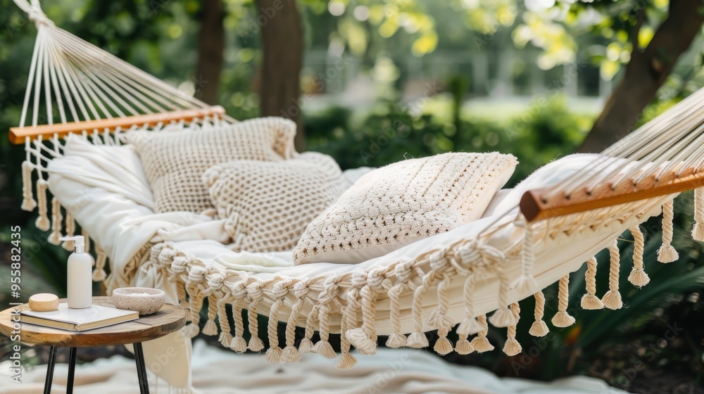 Relaxing Hammock with Cushions in a Tranquil Garden Setting Relaxing Hammock with Cushions in a Tranquil Garden Setting