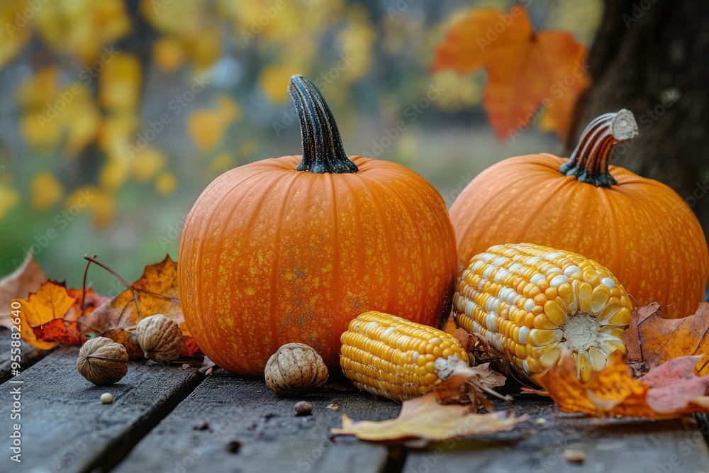 Happy Thanksgiving day. Fresh pumpkins, corn, walnuts and fallen leaves on wooden table outdoors with generative ai Happy Thanksgiving day. Fresh pumpkins, corn, walnuts and fallen leaves on wooden table outdoors with generative ai
