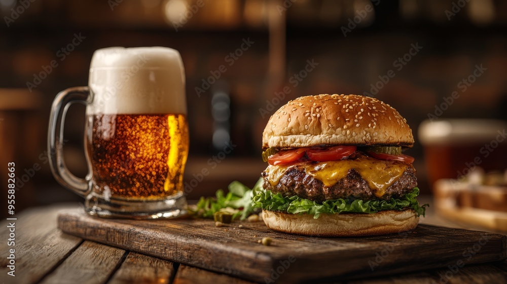 Beer mug and burger in cozy rustic cafe. Beer and burger background Beer mug and burger in cozy rustic cafe. Beer and burger background