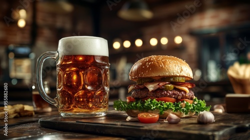 Beer mug and burger in cozy rustic cafe. Beer and burger background