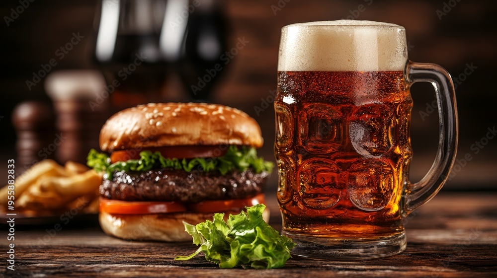 Beer mug and burger in cozy rustic cafe. Beer and burger background Beer mug and burger in cozy rustic cafe. Beer and burger background