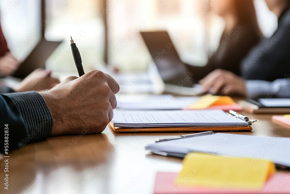 An experienced executive holding a strategy session with key stakeholders. Notepads and pens on the table An experienced executive holding a strategy session with key stakeholders. Notepads and pens on the table