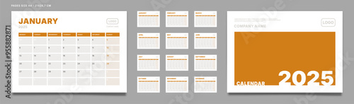 Set of 2025 Pages Monthly Calendar Planner Templates, Cover with Place for Photo, Company Logo, Annual. Design of Vector layout Calendar Pages size A4-21x29.7 cm in for print. Week start on Monday