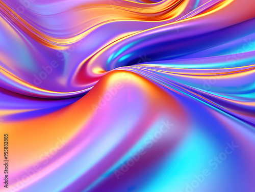 Abstract fluid iridescent holographic neon curved wave in motion colorful background 3d render