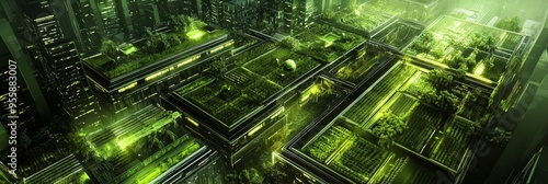 A futuristic city farm where technology and nature coexist, with AI managing sustainable agriculture, showcasing vertical farming, hydroponics, and rooftop gardens.