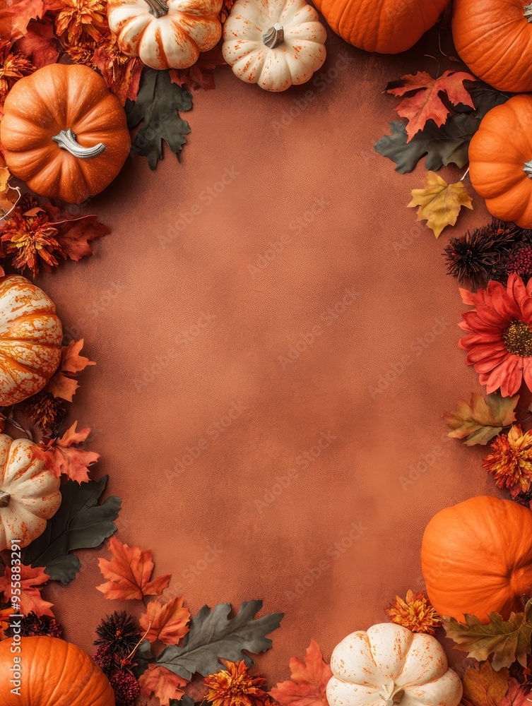 Happy Thanksgiving day concept. Vertical banner design with pumpkins, flowers, autumn decor on brown background. Flat lay, top view, copy space with generative ai Happy Thanksgiving day concept. Vertical banner design with pumpkins, flowers, autumn decor on brown background. Flat lay, top view, copy space with generative ai