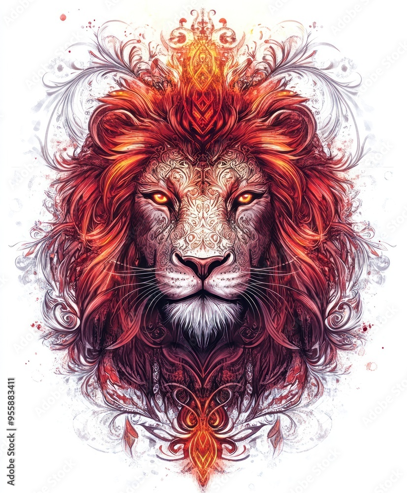 Obraz premium A vibrant, artistic depiction of a lion with intricate details and fiery colors.