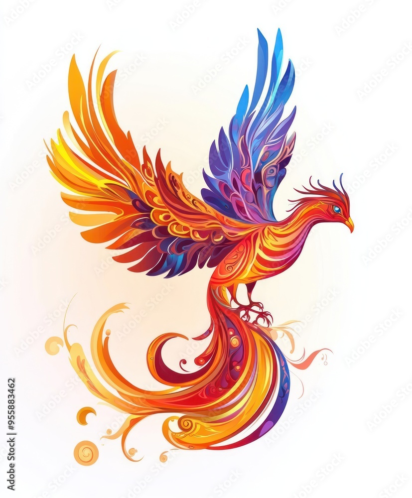 A vibrant, stylized phoenix with colorful feathers and flowing flames. A vibrant, stylized phoenix with colorful feathers and flowing flames.