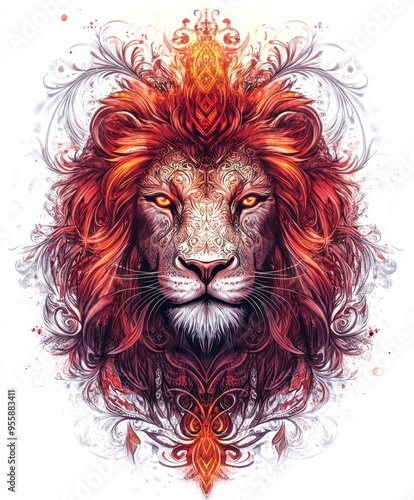 A vibrant, artistic depiction of a lion with intricate details and fiery colors.