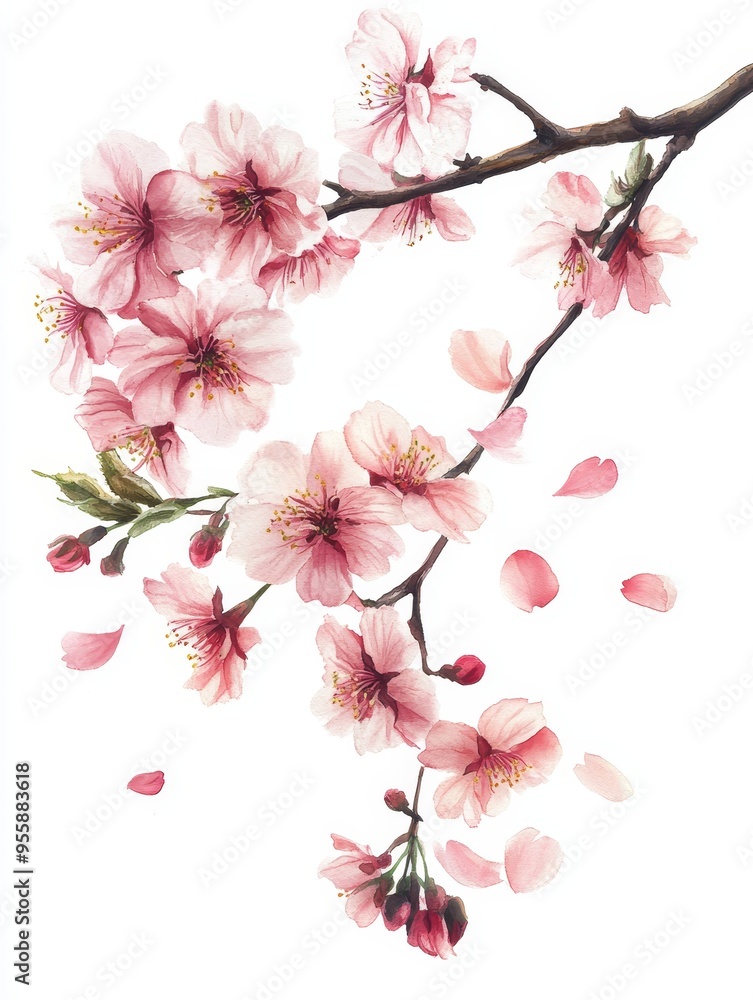 A graceful cherry blossom branch adorned with delicate pink blossoms, some of which are gracefully falling, symbolizing beauty, transience, renewal, and spring. A graceful cherry blossom branch adorned with delicate pink blossoms, some of which are gracefully falling, symbolizing beauty, transience, renewal, and spring.