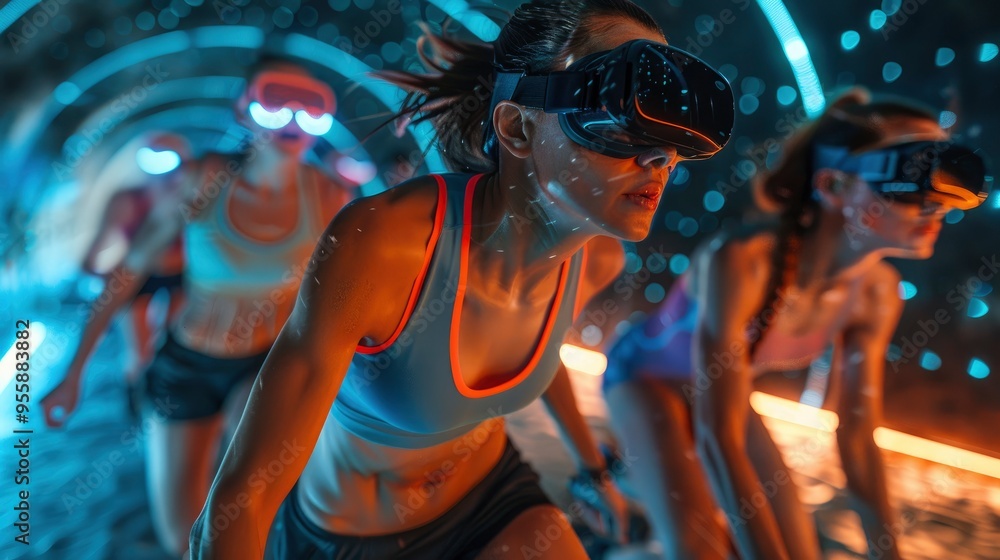 Women in VR Headsets Running in a Futuristic Tunnel Women in VR Headsets Running in a Futuristic Tunnel