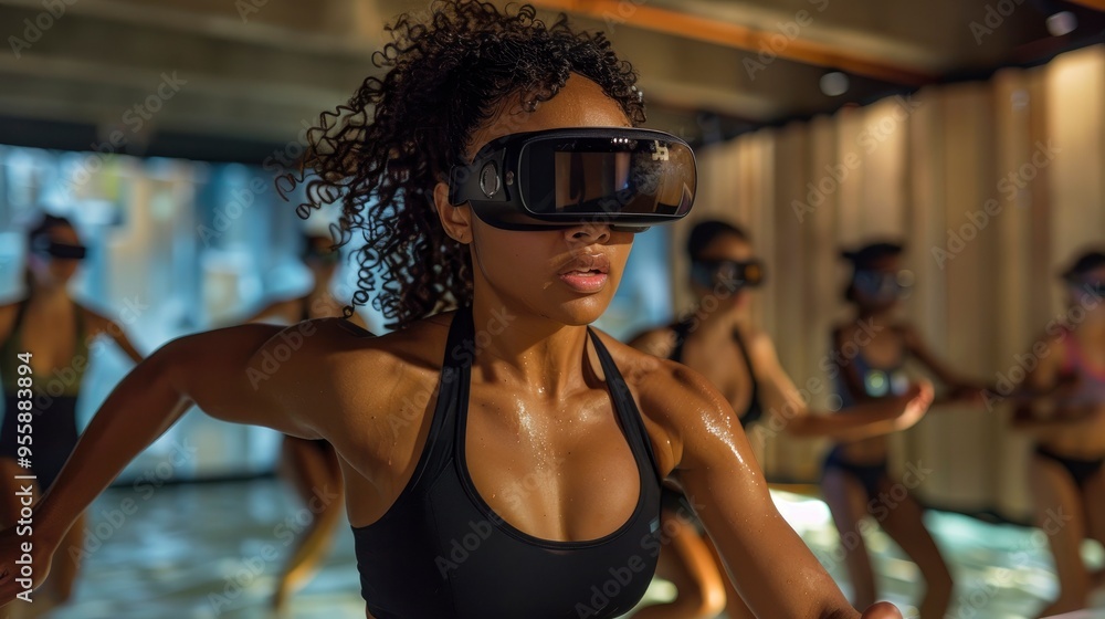 Naklejka premium VR Fitness Class, Women Working Out with Virtual Reality Headsets