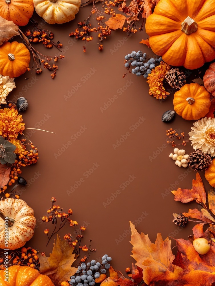 Happy Thanksgiving day concept. Vertical banner design with pumpkins, flowers, autumn decor on brown background. Flat lay, top view, copy space with generative ai Happy Thanksgiving day concept. Vertical banner design with pumpkins, flowers, autumn decor on brown background. Flat lay, top view, copy space with generative ai