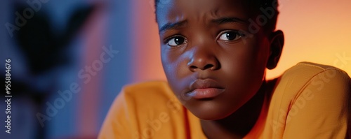 A closeup of a person sitting alone with a sad expression, dimly lit room, conveying feelings of depression and isolation photo