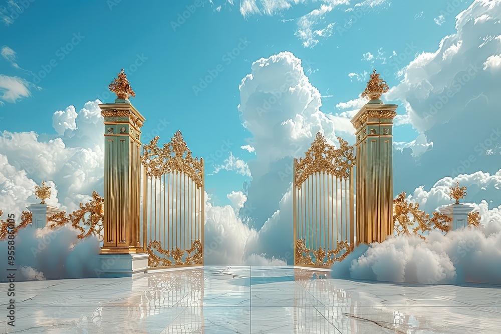 © Stavros - Open golden gates of Paradise against white clouds. Entrance to the afterlife for the righteous. Gates of serenity, beckoning souls to a heavenly embrace. © Stavros - Open golden gates of Paradise against white clouds. Entrance to the afterlife for the righteous. Gates of serenity, beckoning souls to a heavenly embrace.