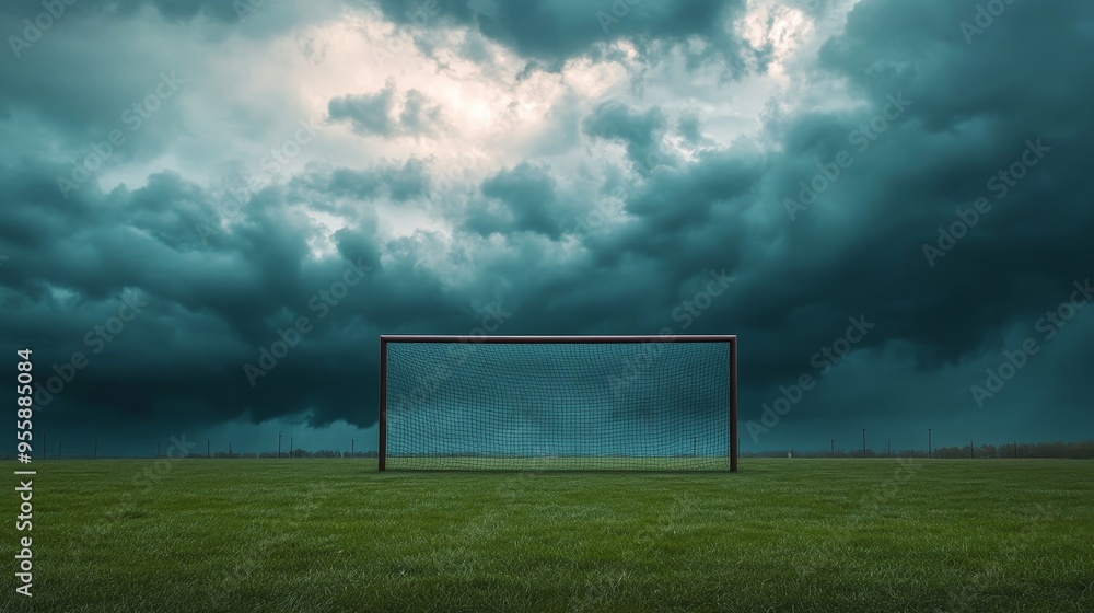 A lonely soccer goal stands in the middle of a green field, the sky above filled with dramatic, dark storm clouds. The image evokes a sense of anticipation, possibility, and the potential for a chall A lonely soccer goal stands in the middle of a green field, the sky above filled with dramatic, dark storm clouds. The image evokes a sense of anticipation, possibility, and the potential for a chall