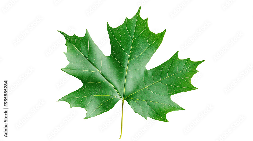 Fototapeta premium Green maple leaf isolated solid white background, detailed, PNG dicut style