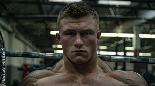 Determined Bodybuilder Lifting Weights In Gym