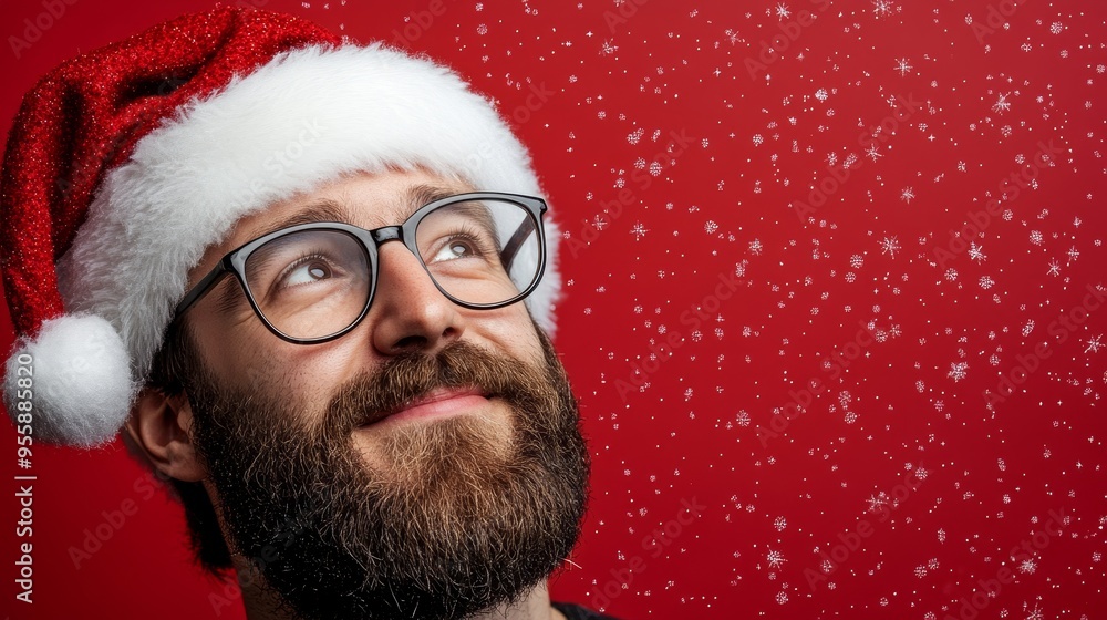 A man with a beard wearing a Santa hat looks up at falling snow against a red background, symbolizing Christmas joy, anticipation, wonder, festive spirit, and the magic of the season. A man with a beard wearing a Santa hat looks up at falling snow against a red background, symbolizing Christmas joy, anticipation, wonder, festive spirit, and the magic of the season.