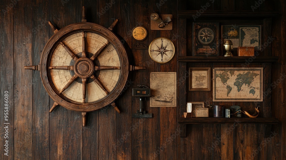 Antique Ship Wheel Compass and World Map on Rustic Wood Wall Antique Ship Wheel Compass and World Map on Rustic Wood Wall
