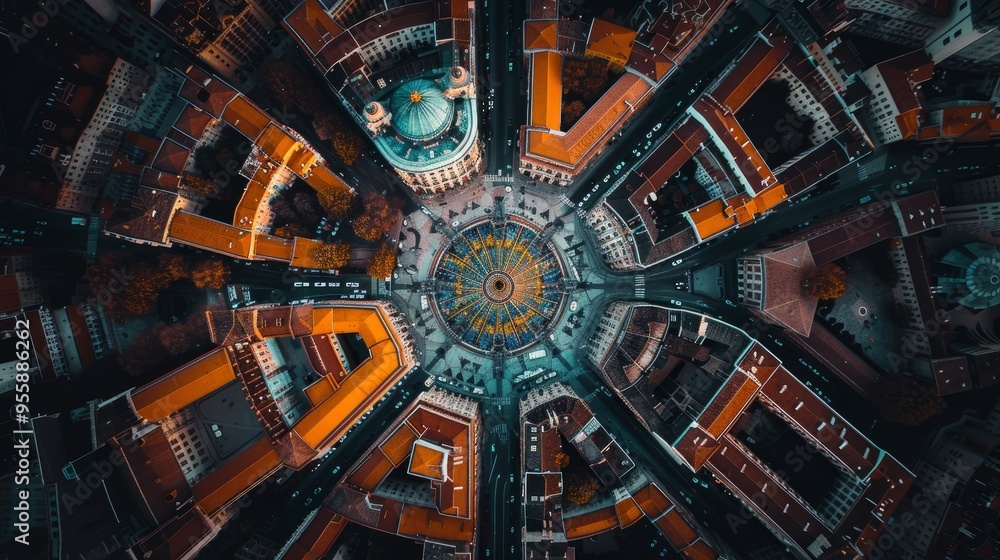 Fototapeta premium Aerial View of a City Intersection with a Colorful Mosaic in the Center