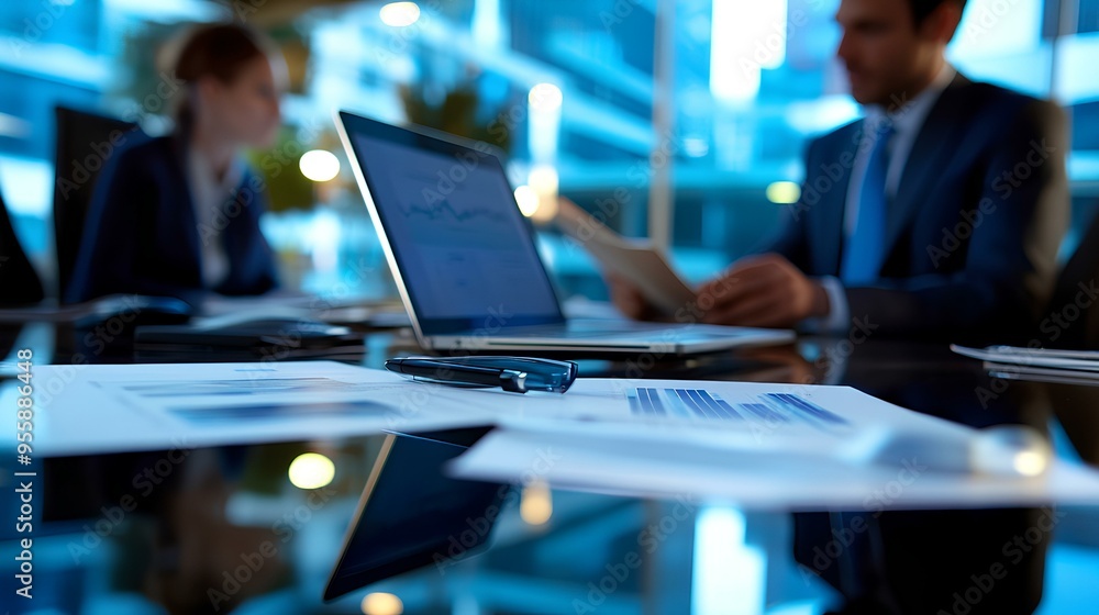 Business partners negotiating a deal over a laptop and papers in a boardroom Business partners negotiating a deal over a laptop and papers in a boardroom