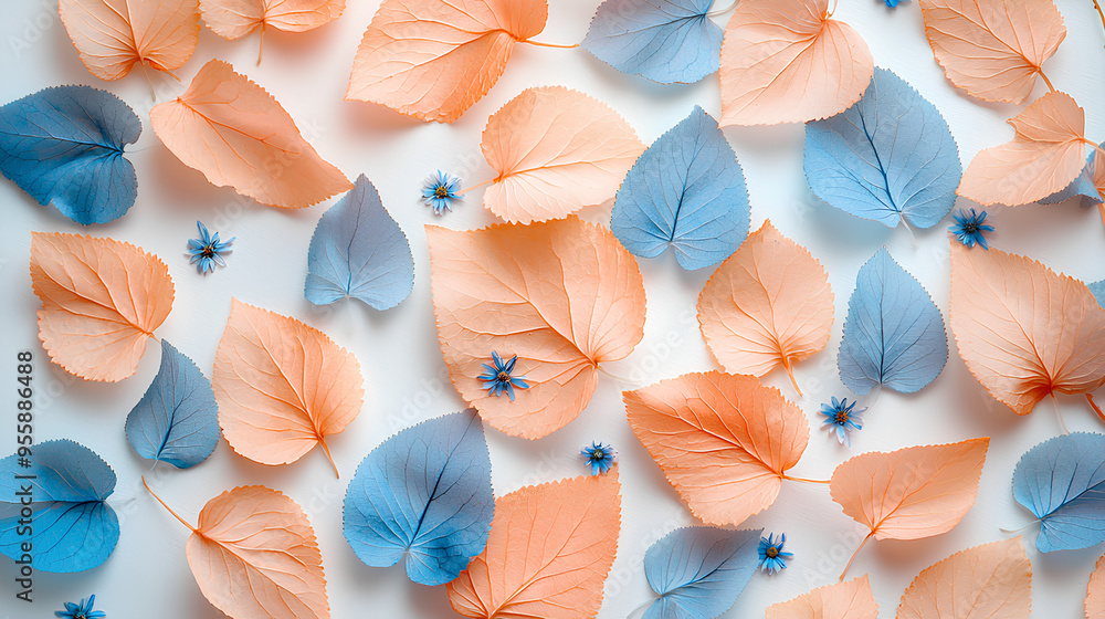 Autumn Leaves Pattern Blue Orange White Background Floral Design Autumn Leaves Pattern Blue Orange White Background Floral Design