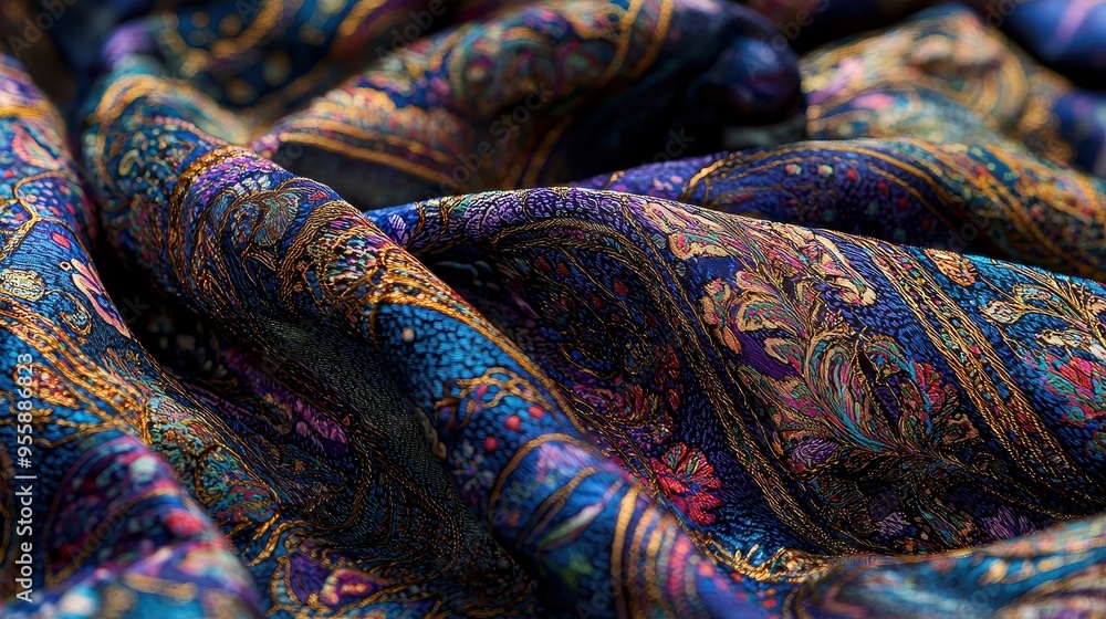 Closeup of Blue and Gold Floral Fabric Texture Closeup of Blue and Gold Floral Fabric Texture