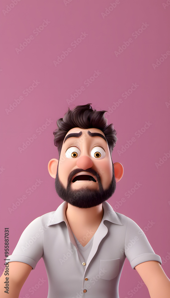 A cheerful, shocked, scared, amazed animated character, a mustache, and messy hair. He has a big smile, conveying a friendly and approachable demeanor. 3d style design on light background. A cheerful, shocked, scared, amazed animated character, a mustache, and messy hair. He has a big smile, conveying a friendly and approachable demeanor. 3d style design on light background.