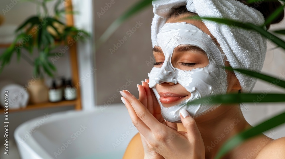 Woman applying a face mask in bathroom Woman applying a face mask in bathroom
