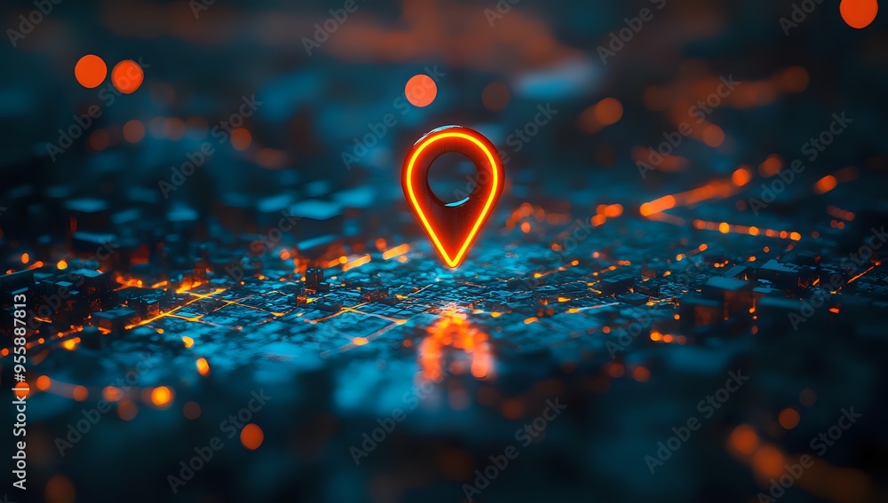 Neon Location Pin Glowing Above Cityscape, Futuristic Navigation Concept Neon Location Pin Glowing Above Cityscape, Futuristic Navigation Concept