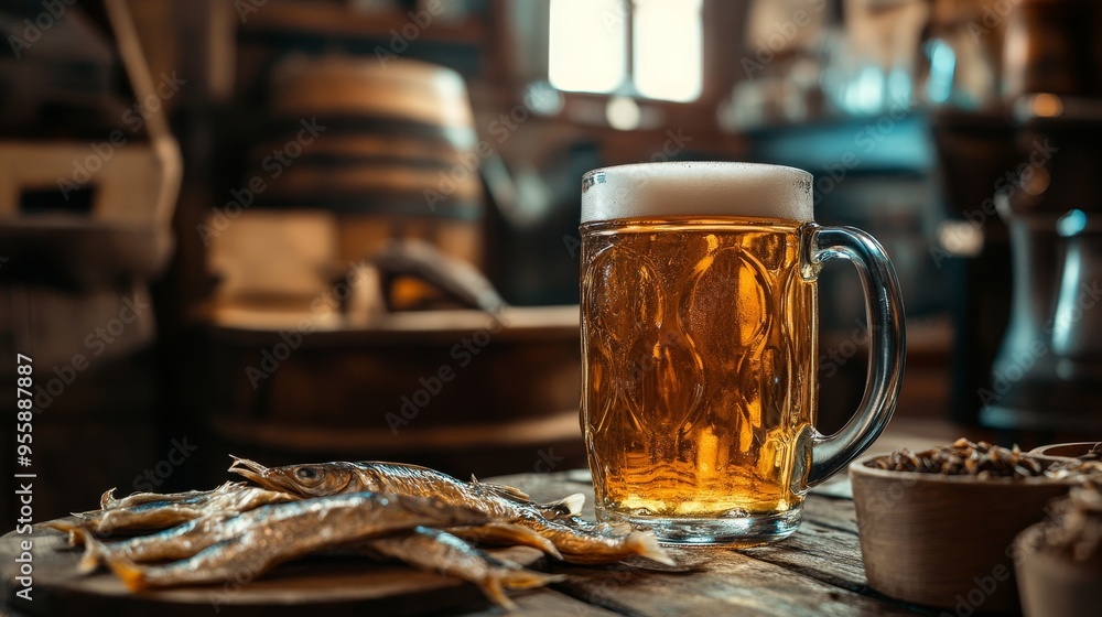 Beer mug and dried fish in rustic cafe. Beer and fish background Beer mug and dried fish in rustic cafe. Beer and fish background