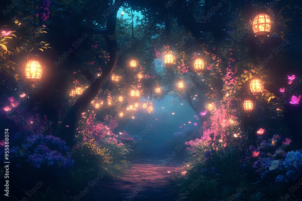 Enchanted Forest Path Lit by Lanterns and Butterflies Enchanted Forest Path Lit by Lanterns and Butterflies