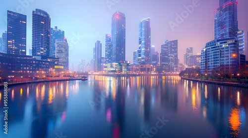 City skyline at dusk with glowing skyscrapers reflecting on a calm river