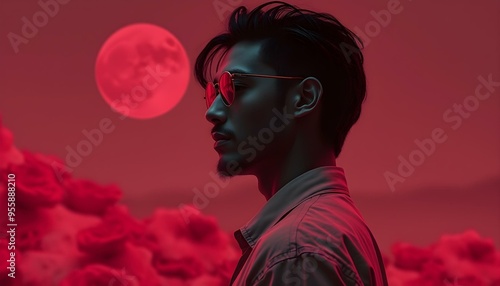 Mysterious Man in Red Hues with a Moonlit Background