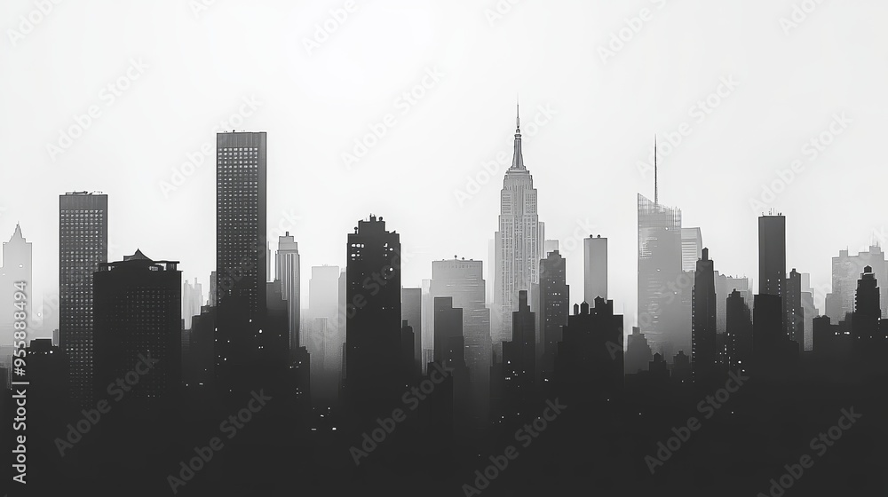 © Naru - A panoramic cityscape silhouette in black and white with tall skyscrapers and buildings against a foggy sky. It symbolizes urban life, modernization, aspiration, progress, and a sense of mystery. © Naru - A panoramic cityscape silhouette in black and white with tall skyscrapers and buildings against a foggy sky. It symbolizes urban life, modernization, aspiration, progress, and a sense of mystery.