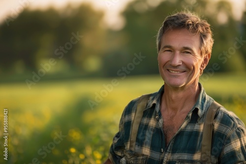 A man wearing a straw hat is smiling in a field of wheat,generative ai image