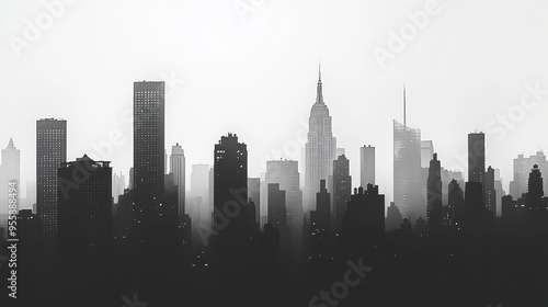 A panoramic cityscape silhouette in black and white with tall skyscrapers and buildings against a foggy sky. It symbolizes urban life, modernization, aspiration, progress, and a sense of mystery. photo