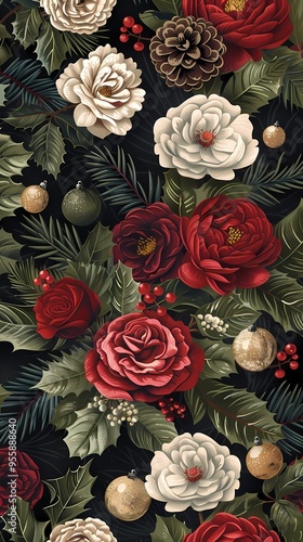 Retro red and green flowers plant pattern illustration poster background