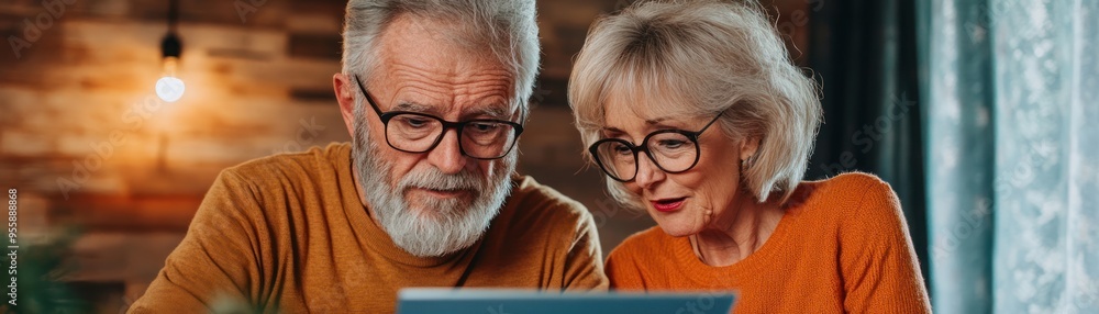 Senior couple reviewing retirement plans amidst debt worries, financial security concept