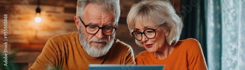 Obraz na płótnie Senior couple reviewing retirement plans amidst debt worries, financial security concept w salonie