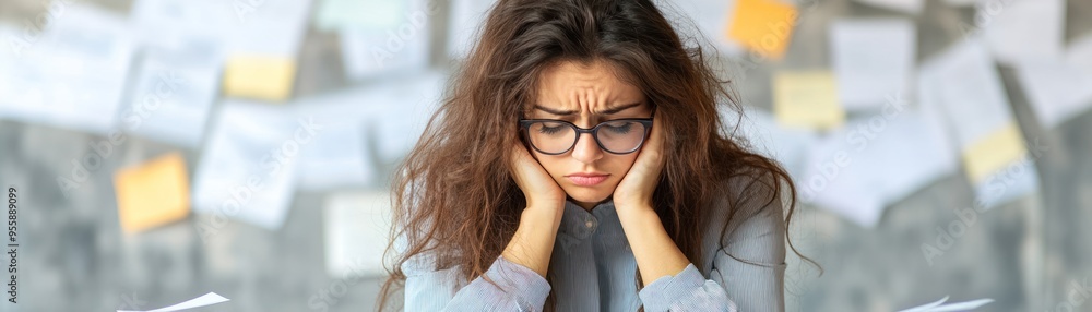 Stressed businesswoman surrounded by overdue bills and debt notices, financial stress concept